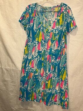 Lilly Pulitzer pink blue watercolor sailboats print cotton t-shirt dress M